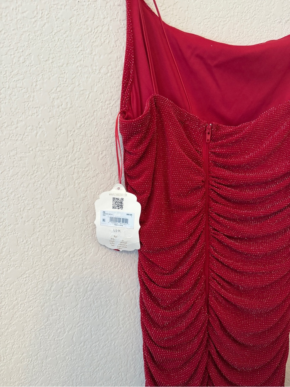One Shoulder Red Ruched Slip Dress - Picture 3 of 3